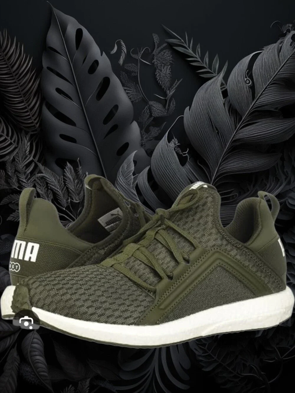 Puma Olive Green Knit Lace-Up Women's Sneakers with White Sole